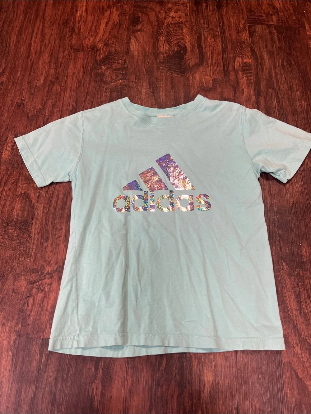 adidas Kids Short Sleeve Tee in Light Blue with Holographic Logo